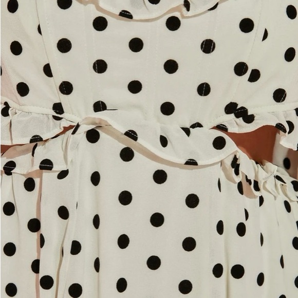 Dee Elly Mini Polkadot Dress Ruffles Long Sleeves Open Back Black Ivory Size S - Picture 3 of 7